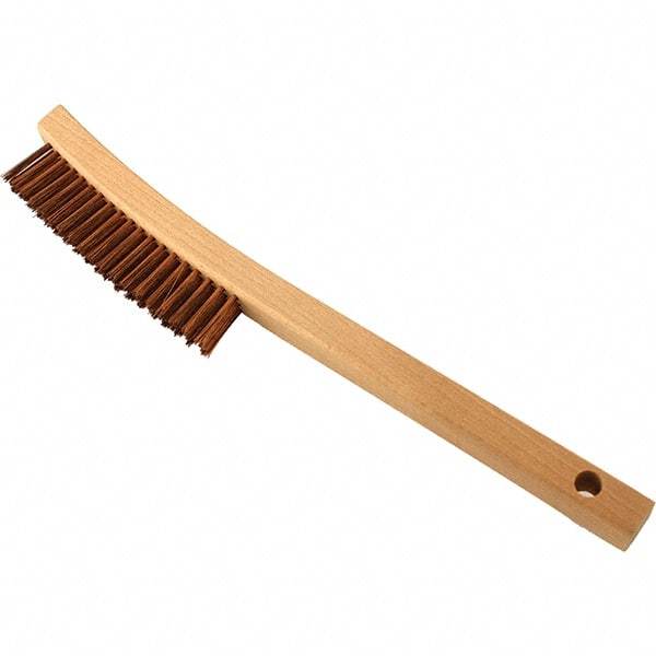 Brush Research Mfg. - 3 Rows x 19 Columns Bronze Scratch Brush - 5-3/4" Brush Length, 13-3/4" OAL, 1-1/8 Trim Length, Wood Curved Back Handle - Caliber Tooling