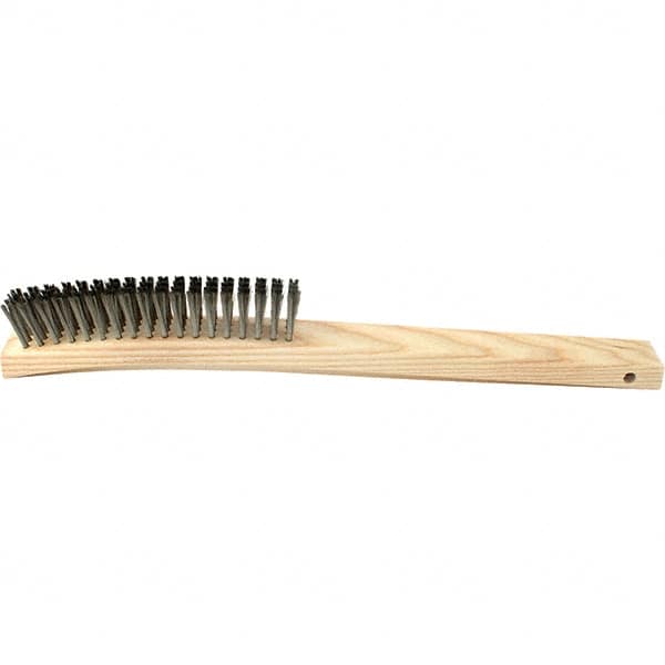 Brush Research Mfg. - 4 Rows x 19 Columns Stainless Steel Scratch Brush - 5-3/4" Brush Length, 14" OAL, 1 Trim Length, Wood Curved Back Handle - Caliber Tooling