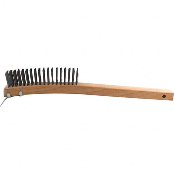 Brush Research Mfg. - 4 Rows x 19 Columns Steel Scratch Brush - 5-3/4" Brush Length, 14" OAL, 1-1/8 Trim Length, Wood Curved Back Handle - Caliber Tooling