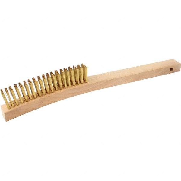 Brush Research Mfg. - 4 Rows x 19 Columns Brass Scratch Brush - 5-3/4" Brush Length, 13-3/4" OAL, 1-1/8 Trim Length, Wood Curved Back Handle - Caliber Tooling