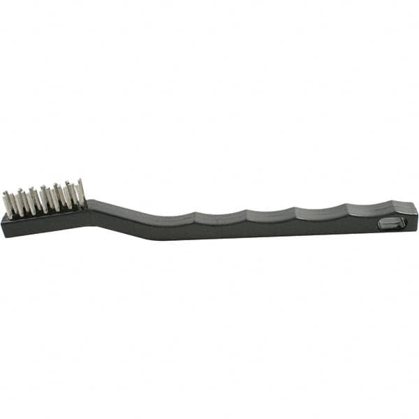 Brush Research Mfg. - 2 Rows x 7 Columns Stainless Steel Scratch Brush - 1/2" Brush Length, 7-1/4" OAL, 1/2 Trim Length, Plastic Curved Back Handle - Caliber Tooling