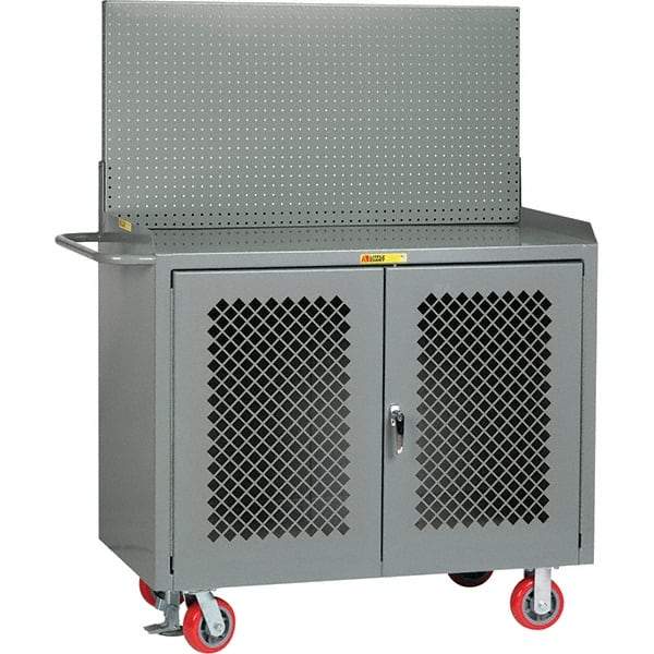 Little Giant - 3,600 Lb Capacity, 2 Shelf, 2 Door Mobile Bench Cabinet with Pegboard Panel - 41" Wide x 24" Deep x 43" High, Steel, Gray - Caliber Tooling