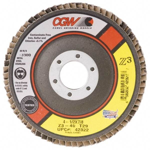 Camel Grinding Wheels - 60 Grit, 7" Disc Diam, 5/8-11 Center Hole, Type 29 Zirconia Alumina Flap Disc - 8,600 Max RPM, Poly Cotton Backing, Arbor Attaching System, Coated - Caliber Tooling