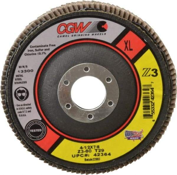 Camel Grinding Wheels - 60 Grit, 4-1/2" Disc Diam, 7/8" Center Hole, Type 29 Zirconia Alumina Flap Disc - 13,300 Max RPM, Poly Cotton Backing, Arbor Attaching System, Coated - Caliber Tooling