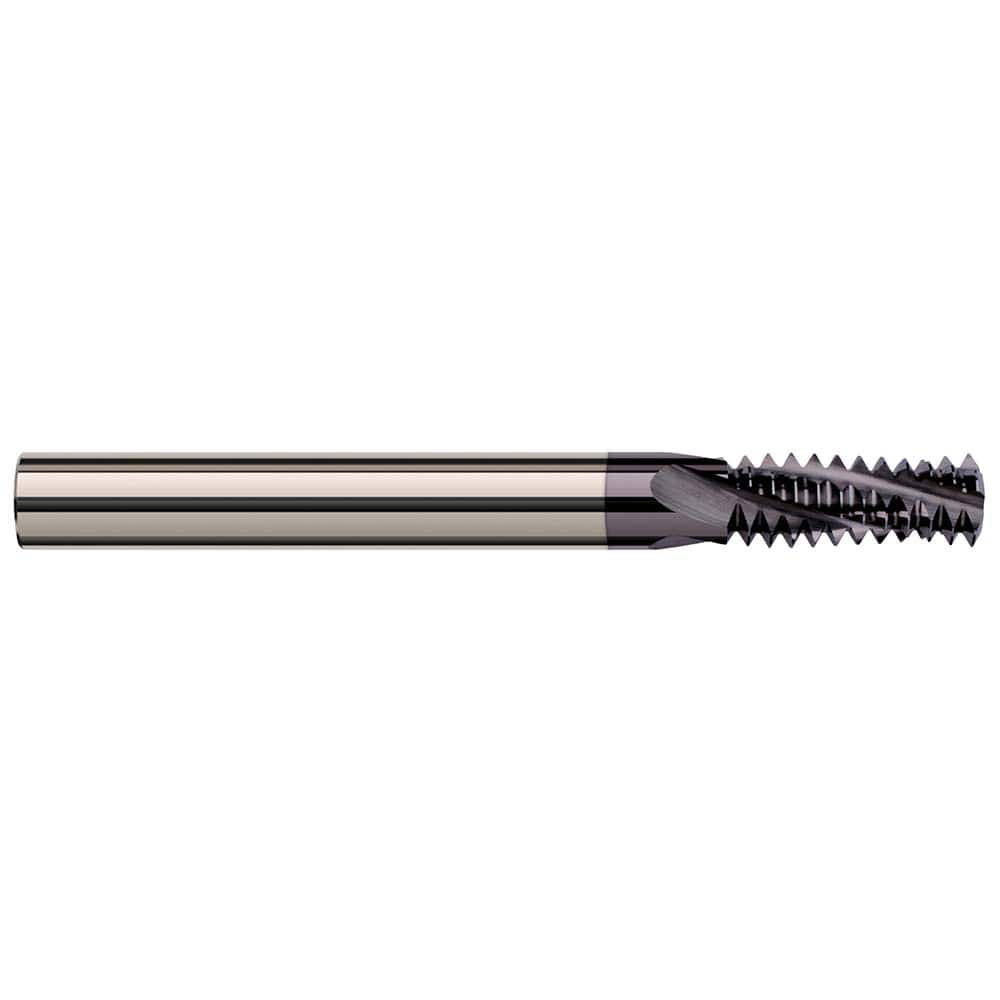 Helical Flute Thread Mill: 5/16-18, Internal & External, 3 Flute, 1/4″ Shank Dia, Solid Carbide 18 TPI, 0.24″ Cut Dia, 5/8″ LOC, 2.5″ OAL, AlTiN Nano Coated