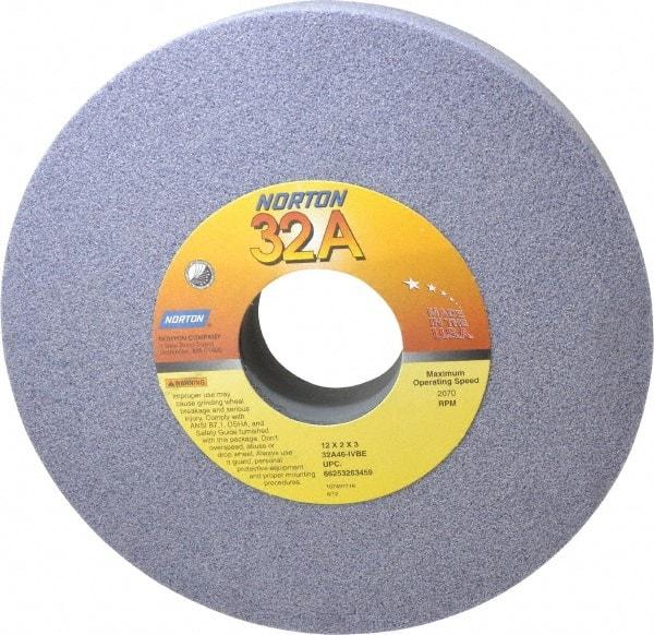 Norton - 12" Diam x 3" Hole x 2" Thick, I Hardness, 46 Grit Surface Grinding Wheel - Aluminum Oxide, Type 1, Coarse Grade, 2,070 Max RPM, Vitrified Bond, No Recess - Caliber Tooling