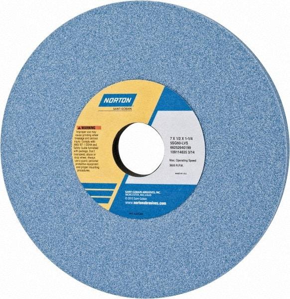 Norton - 7" Diam x 1-1/4" Hole x 1/2" Thick, L Hardness, 60 Grit Surface Grinding Wheel - Ceramic, Type 1, Medium Grade, 3,600 Max RPM, Vitrified Bond, No Recess - Caliber Tooling