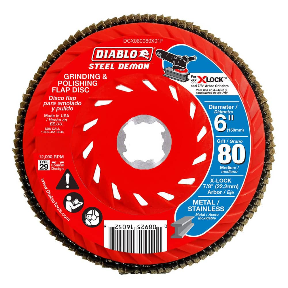 Flap Discs; Flap Disc Type: Type 29; Disc Diameter (Decimal Inch): 6; Center Hole Size: 7/8; Grade: Medium; Grit: 80; Maximum Rpm: 10150.000; Disc Color: Red