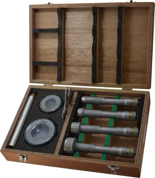 Mitutoyo - 9 Piece, 0.8 to 2", Carbide, TiN Coated, Hole Mechanical Inside Micrometer Set - 0.0002" Graduation, Ratchet Stop Thimble, Includes (2) Setting Rings, Extension & Fitted Plastic Case - Caliber Tooling