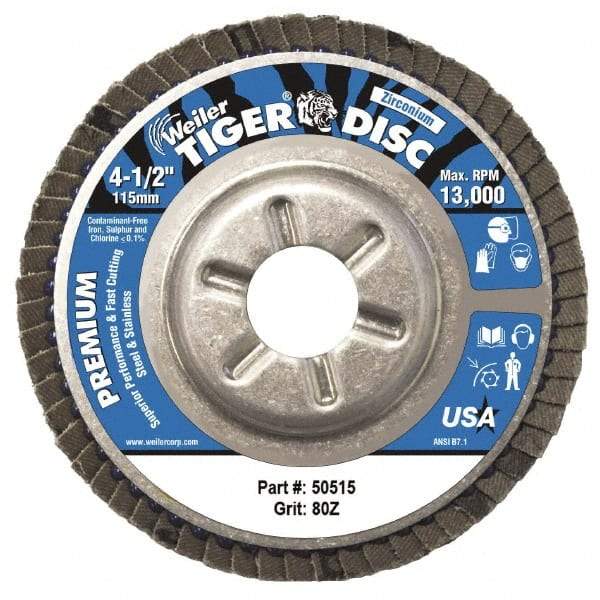 Weiler - 80 Grit, 4-1/2" Disc Diam, 7/8" Center Hole, Type 29 Zirconia Alumina Flap Disc - 13,000 Max RPM, Aluminum Backing, Arbor Attaching System, Coated - Caliber Tooling