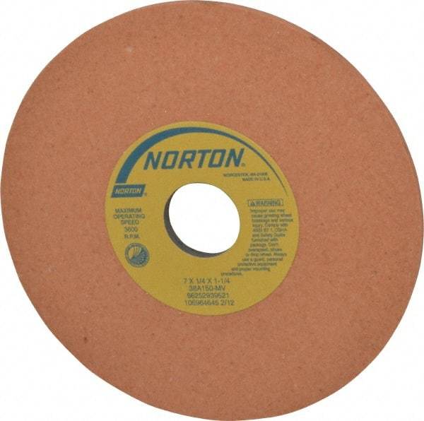 Norton - 7" Diam x 1-1/4" Hole x 1/4" Thick, M Hardness, 150 Grit Surface Grinding Wheel - Aluminum Oxide, Type 1, Very Fine Grade, 3,600 Max RPM, Vitrified Bond, No Recess - Caliber Tooling