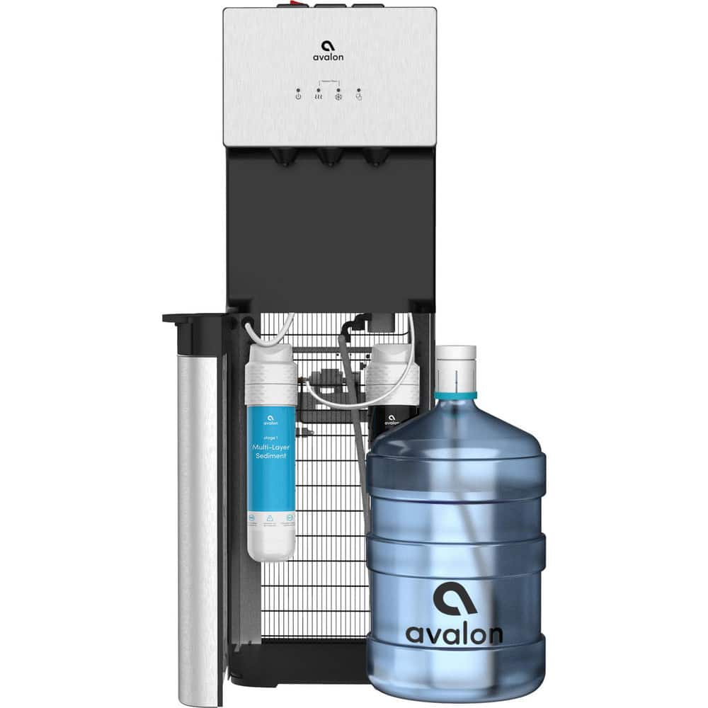 Water Dispensers; Type: Hot Water Dispenser; Room Temp & Cold Dispenser; Bottom Loading; Style: Free Standing, Bottom Loading; Water Cooler Dispenser; Overall Height: 41 in; Overall Width: 13; Overall Depth: 12 in; Voltage: 115; Style: Free Standing, Bott