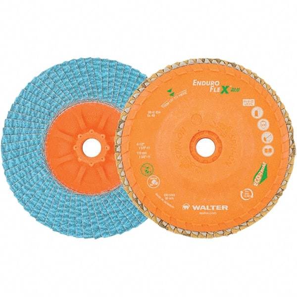 WALTER Surface Technologies - 80 Grit, 4-1/2" Disc Diam, 5/8-11 Center Hole, Type 27 Zirconia Alumina Flap Disc - 13,300 Max RPM, Polyester Backing, Arbor Attaching System, Coated - Caliber Tooling