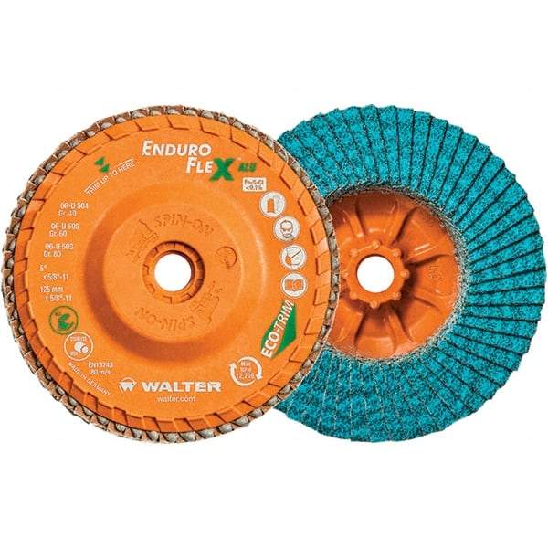 WALTER Surface Technologies - 80 Grit, 5" Disc Diam, 5/8-11 Center Hole, Type 27 Zirconia Alumina Flap Disc - 12,200 Max RPM, Polyester Backing, Arbor Attaching System, Coated - Caliber Tooling