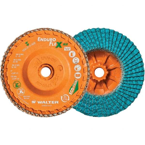 WALTER Surface Technologies - 60 Grit, 5" Disc Diam, 5/8-11 Center Hole, Type 27 Zirconia Alumina Flap Disc - 12,200 Max RPM, Polyester Backing, Arbor Attaching System, Coated - Caliber Tooling