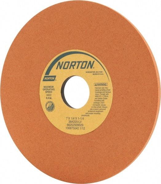 Norton - 7" Diam x 1-1/4" Hole x 1/4" Thick, L Hardness, 220 Grit Surface Grinding Wheel - Aluminum Oxide, Type 1, Very Fine Grade, 3,600 Max RPM, Vitrified Bond, No Recess - Caliber Tooling