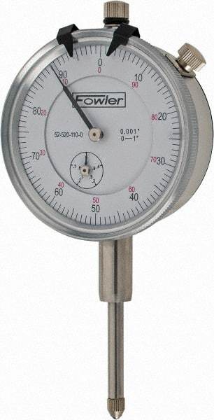 Fowler - 1" Range, 0-100 Dial Reading, 0.001" Graduation Dial Drop Indicator - 2-1/4" Dial, 0.1" Range per Revolution, Revolution Counter - Caliber Tooling