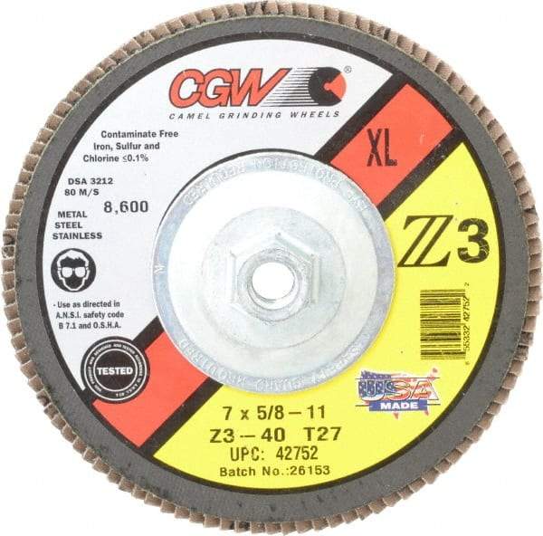 Camel Grinding Wheels - 40 Grit, 7" Disc Diam, 5/8-11 Center Hole, Type 27 Zirconia Alumina Flap Disc - 8,600 Max RPM, Poly Cotton Backing, Arbor Attaching System, Coated - Caliber Tooling