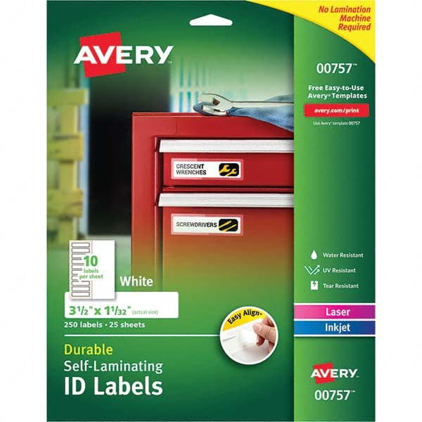 AVERY - Pack of (250), 1-1/32" x 3-1/2" White Paper Self Laminating Labels - Caliber Tooling