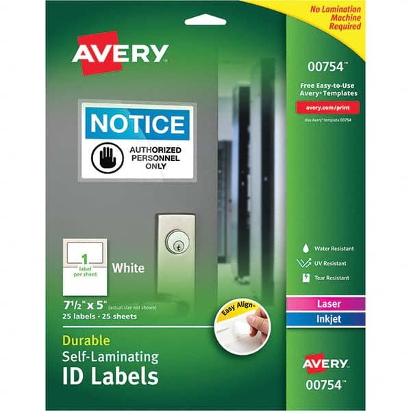 AVERY - Pack of (25), 5" x 7-1/2" White Paper Self Laminating Labels - Caliber Tooling