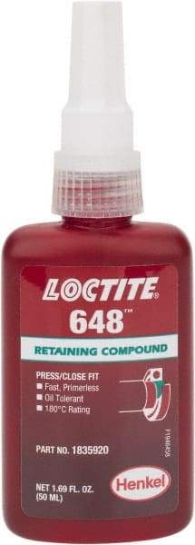 Loctite - 50 mL Bottle, Green, High Strength Liquid Retaining Compound - Series 648, 24 hr Full Cure Time, Heat Removal - Caliber Tooling