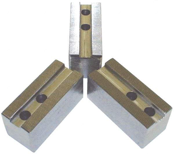 H & R Manufacturing - 1.5mm x 60° Serrated Attachment, Square Soft Lathe Chuck Jaw - 3 Jaws, Steel, 1.69" Btw Mount Hole Ctrs, 6-1/2" Long x 2-1/2" Wide x 2-1/2" High, 1" Groove, 20mm Fastener - Caliber Tooling