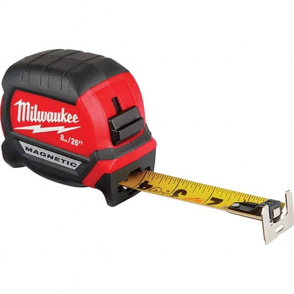 Tape Measure: 26' Long, 1″ Width, Black & Yellow Blade 1/16″ Graduation, Inch Graduation, Black & Red Case