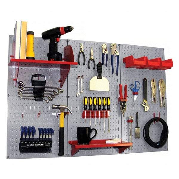 Wall Control - 48" Wide x 32" High Peg Board Kit - 3 Panels, Metal, Gray/Red - Caliber Tooling