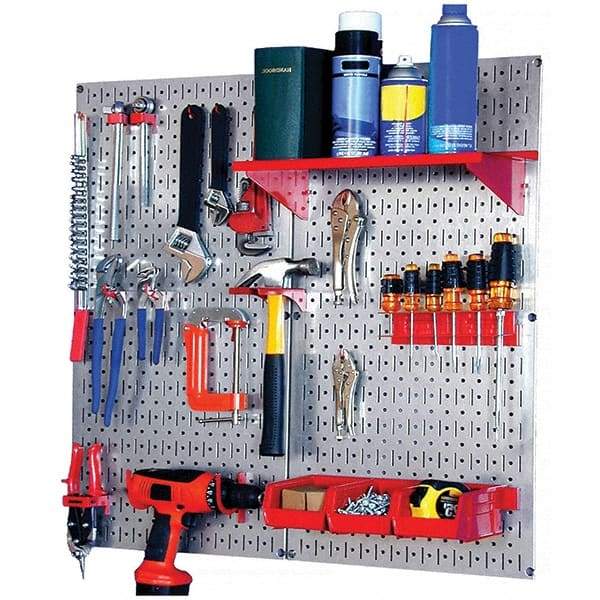 Wall Control - 32" Wide x 32" High Peg Board Kit - 2 Panels, Galvanized Steel, Galvanized/Red - Caliber Tooling