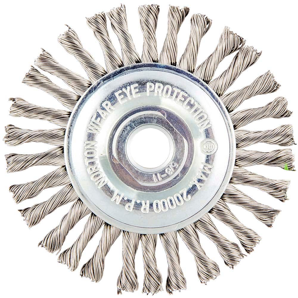 Norton - 4" OD, 5/8-11 Arbor Hole, Stringer Bead Twist Knot Stainless Steel Wheel Brush - Caliber Tooling