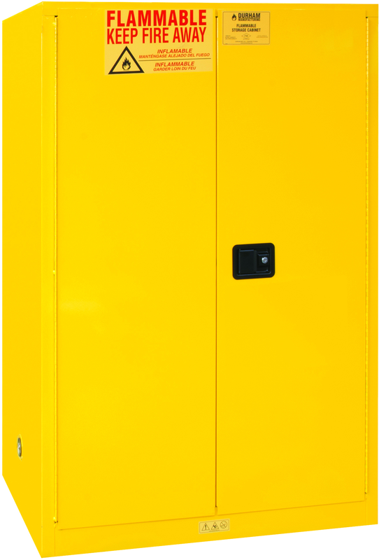 90 Gallon - All Welded - FM Approved - Flammable Safety Cabinet - Manual Doors - 2 Shelves - Safety Yellow - Caliber Tooling