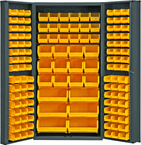 36"W - 14 Gauge - Lockable Bin Cabinet - With 132 Yellow Hook-on Bins - Deep Door Style - Gray - Caliber Tooling