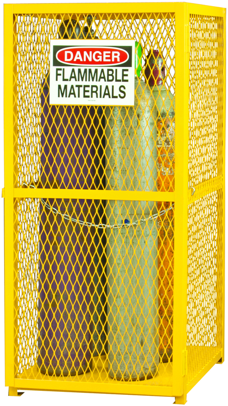 30" W - All welded - Angle Iron Frame with Mesh Side - Vertical Gas Cylinder Cabinet - Magnet Door - Safety Yellow - Caliber Tooling