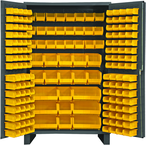 48"W - 14 Gauge - Lockable Cabinet - With 171 Yellow Hook-on Bins - Flush Door Style - Gray - Caliber Tooling