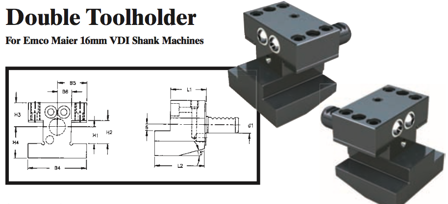 Double Toolholder - Standard (Top) (For Emco Maier 16mm VDI Shank Machines) - Part #: CNC86 E41.1616 - Caliber Tooling