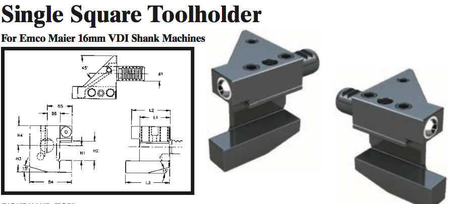 Single Square Toolholder - Right-Hand (Top) (For Emco Maier 16mm VDI Shank Machines) - Part #: CNC86 E31.1616 - Caliber Tooling