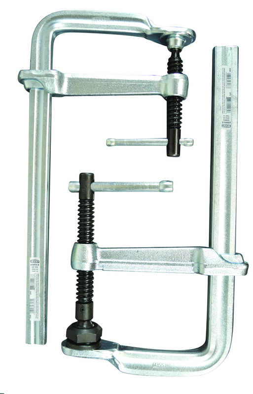 Economy L Clamp - 7-1/2" Capacity - 4-3/4" Throat Depth - Heavy Duty Pad - Profiled Rail, Spatter resistant spindle - Caliber Tooling