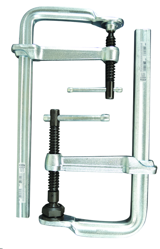 Economy L Clamp - 8" Capacity - 4" Throat Depth - Standard Pad - Profiled Rail, Spatter resistant spindle - Caliber Tooling