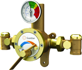 Guardian tempering valve blends hot and cold water to deliver tepid water. Flow capacity is 3.0 to 34 GPM, for use with a single emergency shower, or multiple eyewash, eye/face wash, eyewash/drench hose or drench hose units. - Caliber Tooling