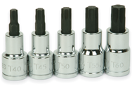 5 Piece - #9329080 - T40; T45; T50; T55; T60 - 1/2" Drive - Socket Drive Torx Bit Set - Caliber Tooling