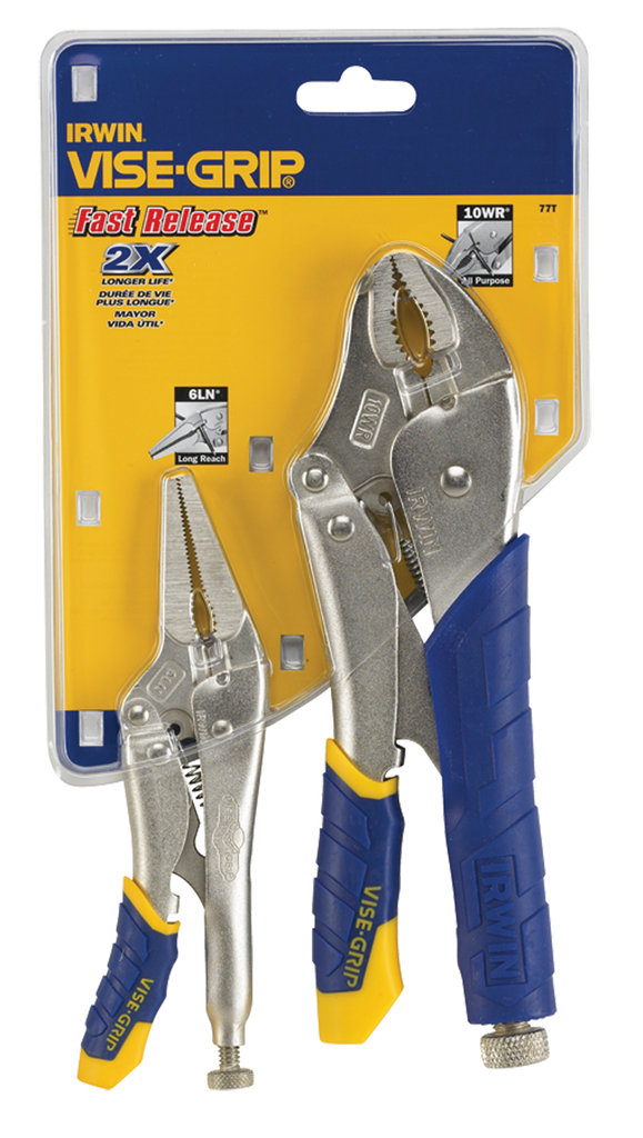 Fast Release Curved Jaw Locking Pliers Set -- 2 Pieces -- Includes: 10" Curved Jaw & 6" Long Nose - Caliber Tooling