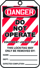 Lockout Tag, Danger Do Not Operate Equipment Locked Out, 25/Pk, Plastic - Caliber Tooling