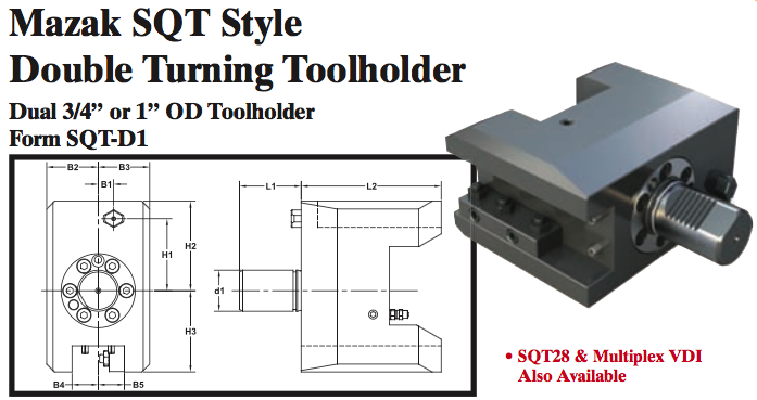 Mazak SQT Style Double Turning Toolholder (Dual 3/4Ó or 1Ó OD Toolholder Form SQT-D1) - Part #: SQT41.1525 - Caliber Tooling