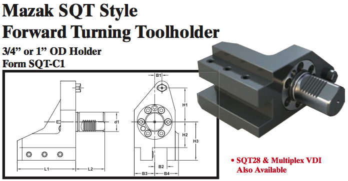 Mazak SQT Stye Forward Turning Toolholder (3/4Ó or 1Ó OD Holder Form SQT-C1) - Part #: SQT31.1020 - Caliber Tooling