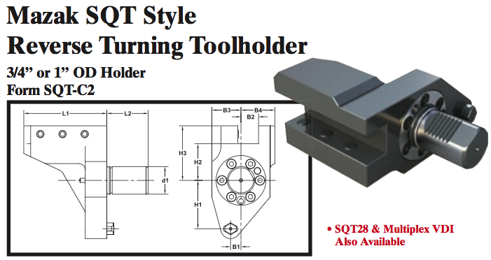 Mazak SQT Stye Reverse Turning Toolholder (3/4Ó or 1Ó OD Holder Form SQT-C2) - Part #: SQT32.1020 - Caliber Tooling