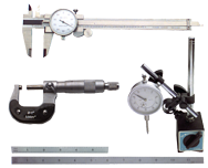 Kit Contains: 6" Dial Caliper; 0-1" Outside Micrometer; Mag Base With Fine Adjustment; 1" Travel Indicator; 6" 4R Scale And 12" 4R Scale - 6 Piece Machinist Set Up & Inspection Kit - Caliber Tooling