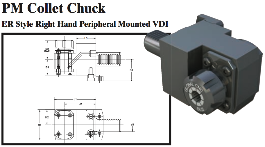 PM Collet Chuck (ER Style Right Hand Peripheral Mounted VDI) - Part #: PM53.4032ER - Caliber Tooling