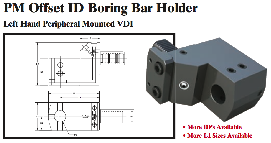 PM Offset ID Boring Bar Holder (Left Hand Peripheral Mounted VDI) - Part #: PM56.3025LL - Caliber Tooling