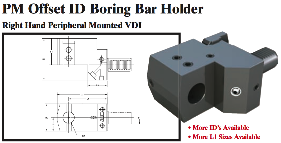 PM Offset ID Boring Bar Holder (Right Hand Peripheral Mounted VDI) - Part #: PM56.3025RL - Caliber Tooling