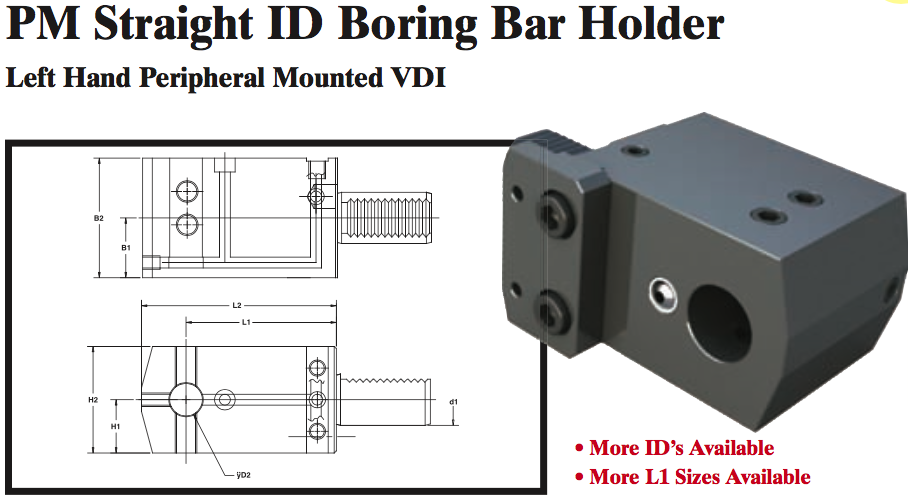 PM Straight ID Boring Bar Holder (Left Hand Peripheral Mounted VDI) - Part #: PM52.3020LL - Caliber Tooling